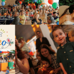 Montagem de fotos de outras edições da Feijoada do Matteo: pessoas participando; Mônica, Matteo e Thiago; card de divulgação da feijoada deste ano; Matteo; e um quiosque do evento.