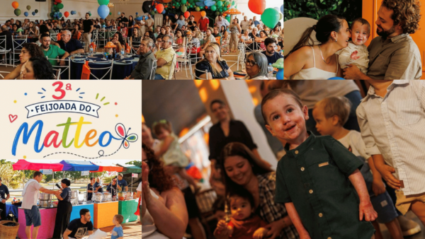 Montagem de fotos de outras edições da Feijoada do Matteo: pessoas participando; Mônica, Matteo e Thiago; card de divulgação da feijoada deste ano; Matteo; e um quiosque do evento.