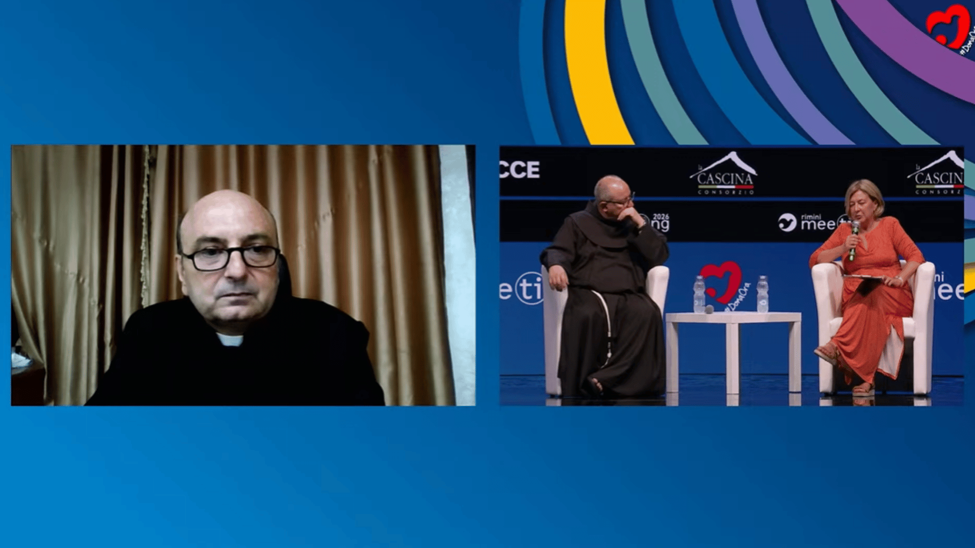 A imagem mostra duas telas: em uma delas está o padre Gabriel Romanelli e na outra estão o custódio da Terra Santa, frei Francesco Ielpo, e uma mulher que apresenta o evento