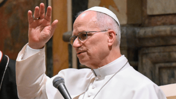 apa Leão XIV, usando vestes brancas e óculos, com os braços erguidos durante audiência no Vaticano.