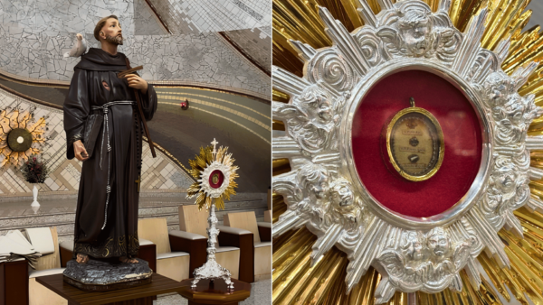 Montagem com duas fotos: a primeira, com a imagem de São Francisco e a relíquia; a segunda, com um close da relíquia.