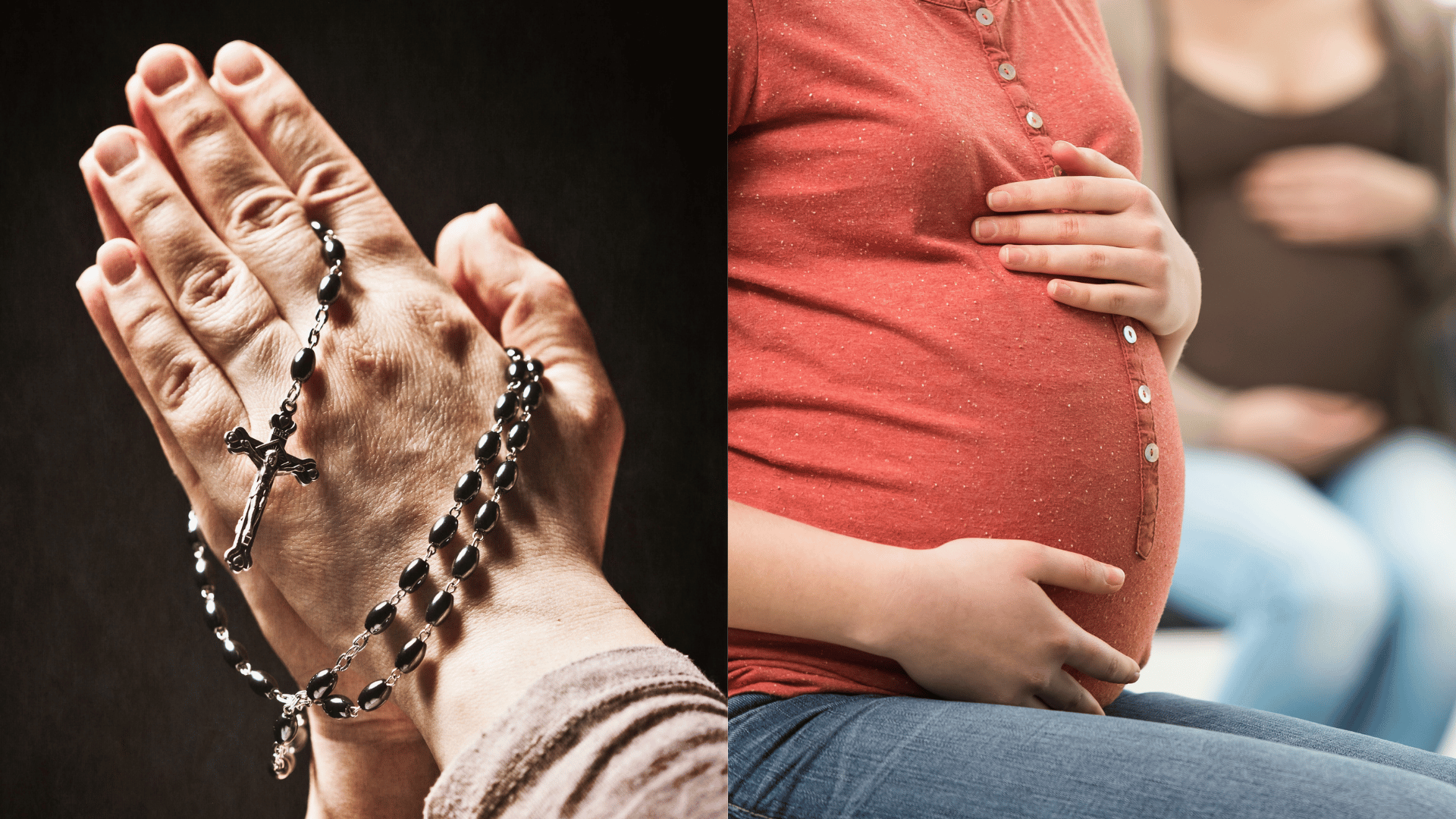 Mãos seguram um terço ao lado de uma gestante com as mãos sobre a barriga.