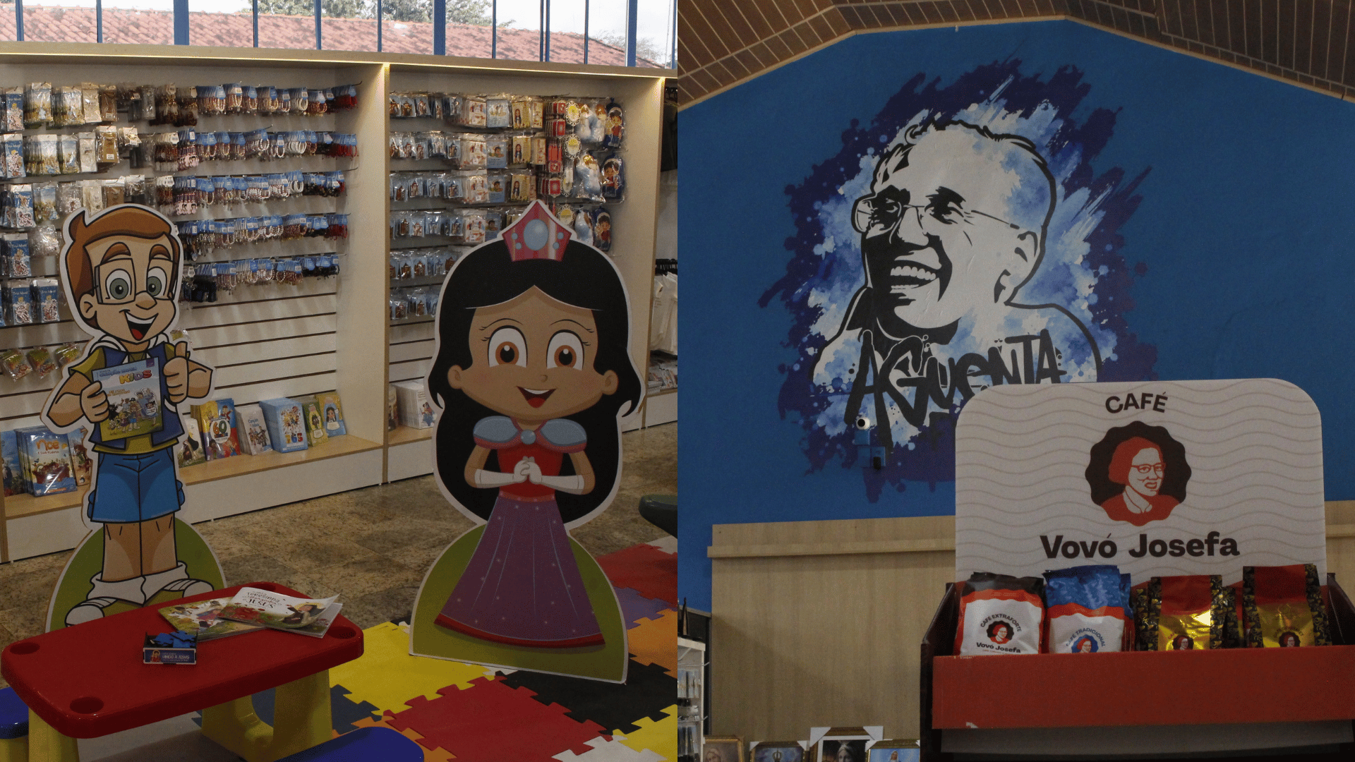 A imagem é uma composição de duas fotos: à esquerda, o espaço kids na Loja Canção Nova, com totem dos personagens CN Kids; à direita, uma foto da parede da loja Canção Nova, pintada de azul e retratando o rosto do padre Jonas Abib