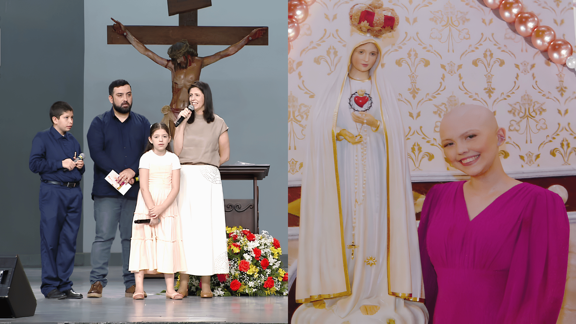 Juliano e Octacília dão testemunho ao lado dos filhos durante evento na Canção Nova, diante de um crucifixo; Filha de Juliano e Octacília ao lado de imagem de Nossa Senhora de Fátima.