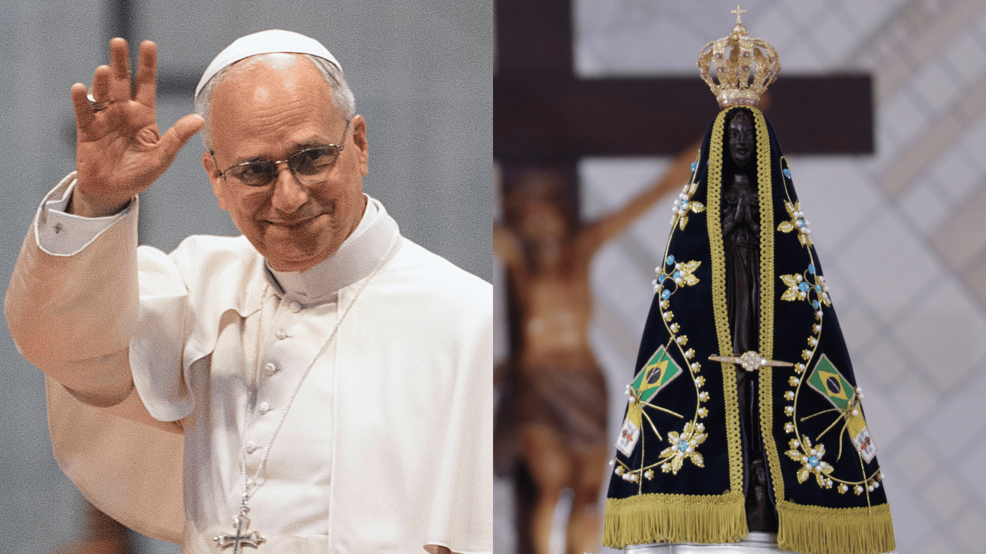 A foto traz duas imagens: à esquerda, o Papa Leão XIV acenando. À direita, está uma imagem de Nossa Senhora Aparecida