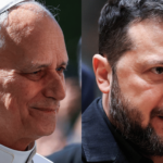 A imagem mostra, de um lado, o rosto do Papa Leão XIV e, de outro, o presidente da Ucrânia, Volodymyr Zelensky