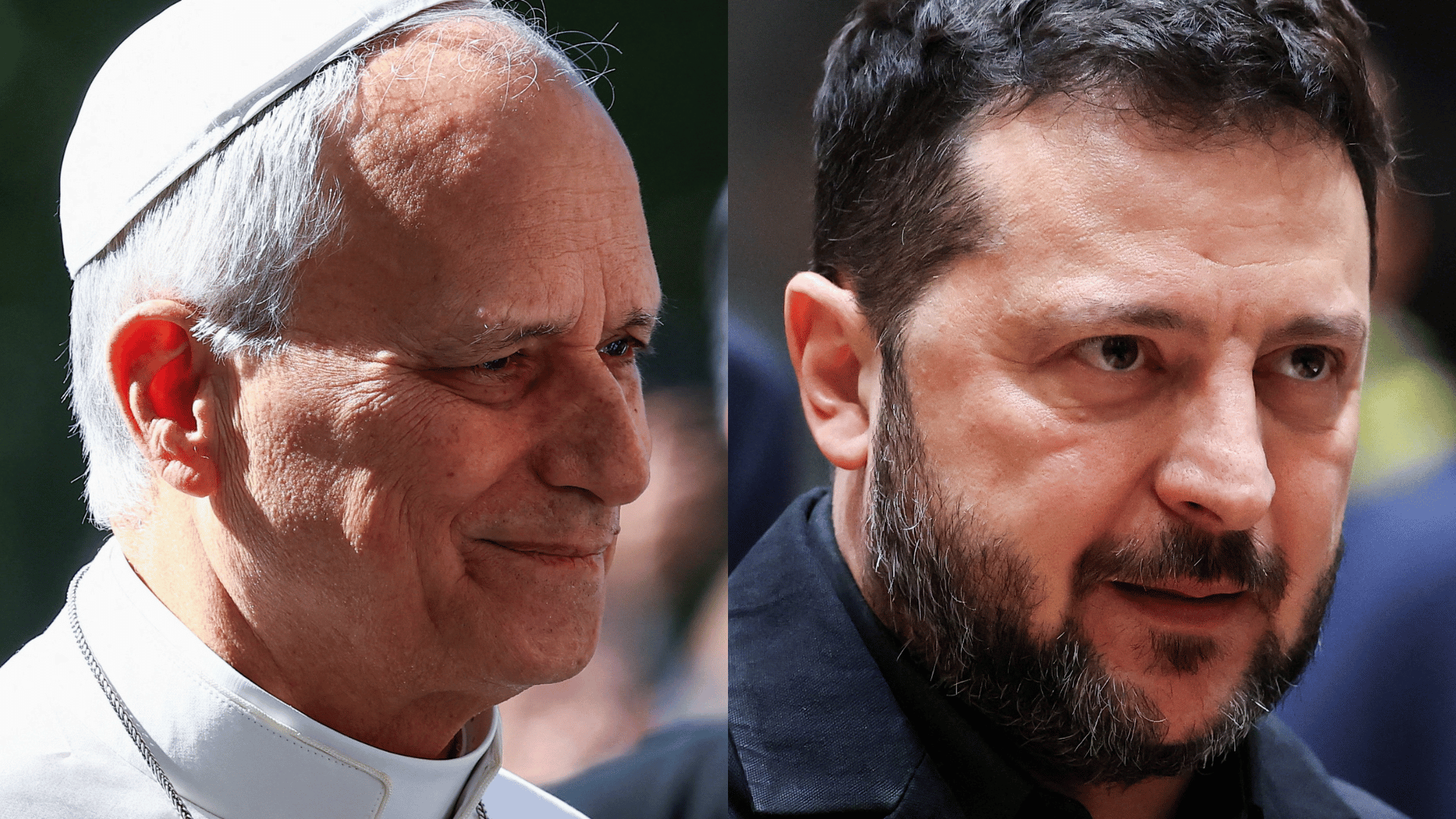 A imagem mostra, de um lado, o rosto do Papa Leão XIV e, de outro, o presidente da Ucrânia, Volodymyr Zelensky
