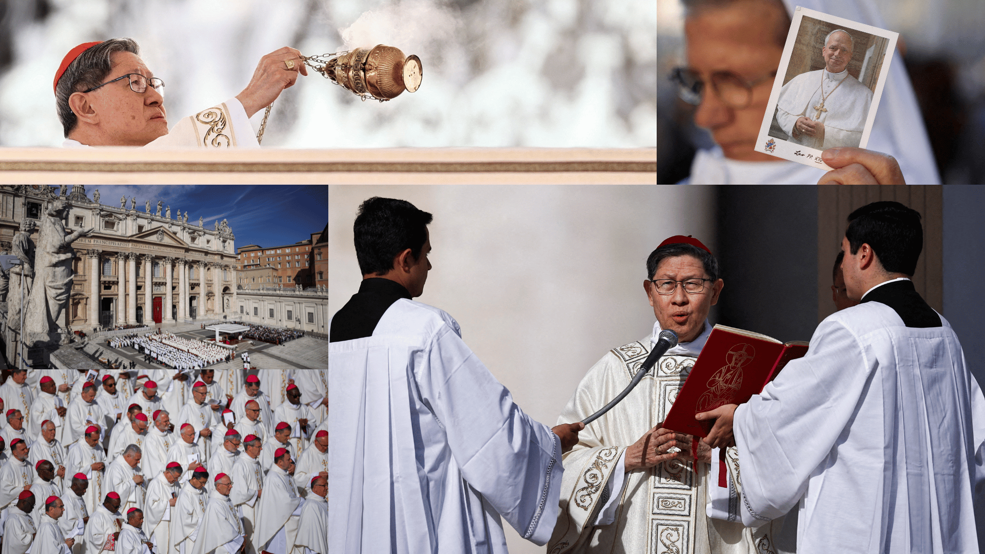 Montagem mostra o Cardeal Luis Antonio Tagle presidindo celebração na Praça São Pedro, no Vaticano, além de bispos reunidos e uma religiosa segurando imagem do Papa Leão XIV.