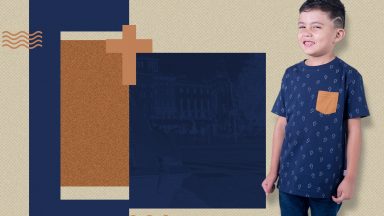 Conheça a camiseta infantil com ícones de cruz e um lindo bolso frontal!