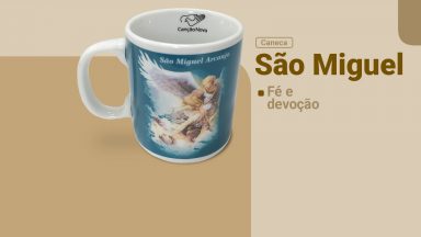 Caneca São Miguel, ideal para você tomar café ou algum refresco, com ela você evangeliza, expressa sua devoção ao Príncipe da Milícia Celeste