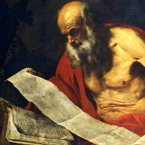 Imagem de São Jerônimo, com textos no colo, vestindo uma túnica vermelha.