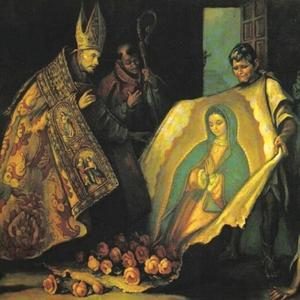 Imagem de São Juan Diego Cuauhtlatoatzin apresentando o manto como a imagem de Nossa Senhora de Guadalupe para o Bispo