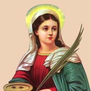 Imagem de Santa Luzia, em sua mão direita segura um prato como dois olhos e na mão esquerda segura um ramo de palmeira