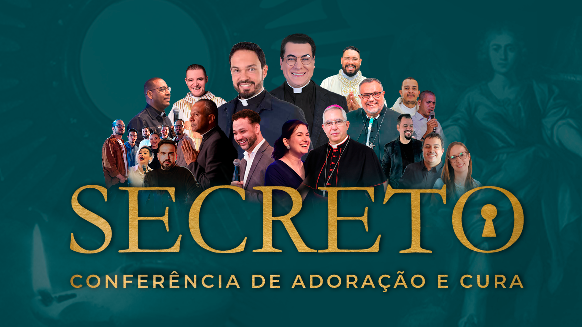 A imagem mostra uma montagem de várias figuras religiosas e pessoas ligadas à evangelização em um fundo verde escuro. No centro, em destaque, está o título em letras grandes douradas: "SECRETO", seguido do subtítulo "Conferência de Adoração e Cura" em letras menores, também douradas. As pessoas na imagem estão posicionadas em um semi-círculo ao redor do título, e incluem padres, bispos, missionários e líderes religiosos, com expressões de adoração, oração e ensinamento. Há figuras em oração, falando ao microfone e interagindo com o público, sugerindo um evento de espiritualidade e envolvimento. O título "SECRETO" é acompanhado de um ícone de fechadura, simbolizando mistério ou revelação espiritual. O design sugere um encontro ou conferência de grande importância no contexto religioso, com foco em adoração e cura espiritual.