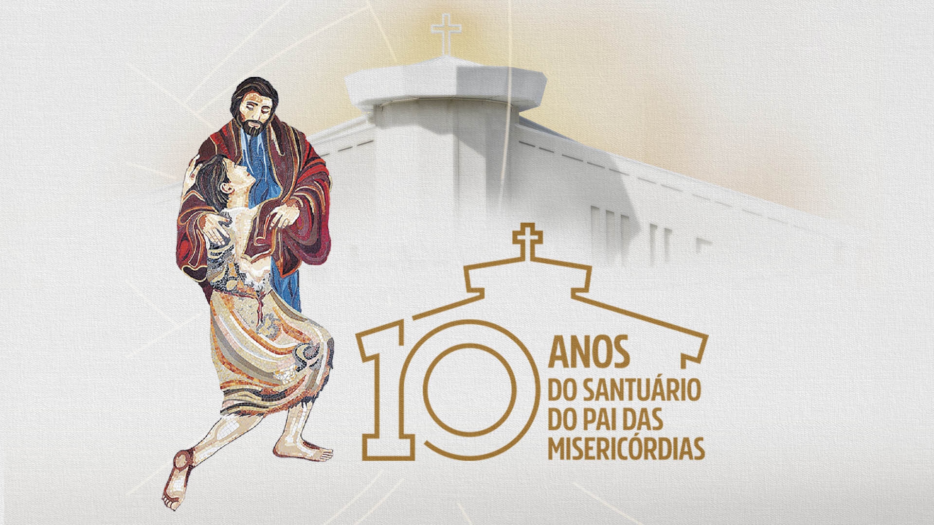 A imagem exibe uma ilustração que parece representar a parábola do Filho Pródigo, com um homem acolhendo uma pessoa, simbolizando o abraço misericordioso. Ao fundo, há a silhueta de um edifício que lembra a estrutura de uma igreja, com destaque para a cruz no topo. Abaixo da ilustração, está o texto: "10 anos do Santuário do Pai das Misericórdias", com o número 10 estilizado em forma de um contorno de igreja. O design tem um tom sóbrio e reverente, refletindo o tema da misericórdia e da espiritualidade. Este texto alternativo pode ser útil para descrever a imagem para pessoas com deficiência visual.