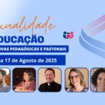 Compartilhar Você disse: descrever a imagem para texto alternativo O ChatGPT disse: ChatGPT A imagem é um banner para um evento chamado "Sexualidade & Educação: Alternativas Pedagógicas e Pastorais", parte do aprofundamento "Famílias Novas". O evento está programado para ocorrer de 15 a 17 de agosto de 2025. O layout apresenta os seguintes palestrantes: Giovani Formenton Dra. Marina Freitas Pe. Rafael Solano Ana Beatriz Biagioli Fabiana Azambuja O design utiliza um fundo azul claro, com um título destacado em laranja e azul. Há também um ícone na parte superior com duas figuras humanas estilizadas representando o tema familiar. O banner segue uma estrutura clara e informativa, focada em apresentar os detalhes do evento e os palestrantes, com datas e informações essenciais.