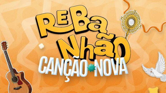 Banner colorido do evento Rebanhão Canção Nova em fundo laranja. O texto é acompanhado por ilustrações de um violão, um ostensório e uma pomba branca simbolizando o Espírito Santo