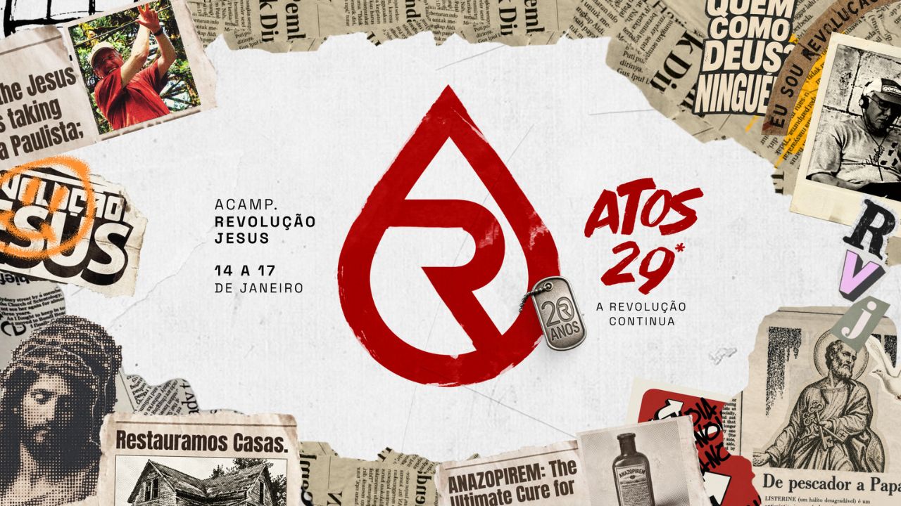 Cartaz do evento "Acampamento Revolução Jesus" (14 a 17 de janeiro), com o tema "Atos 29 - A revolução continua". Ao centro, destaca-se um logótipo vermelho em formato de gota com a letra "R" estilizada e uma chapa militar a assinalar "20 Anos". O fundo simula uma colagem de recortes de jornal e imagens.