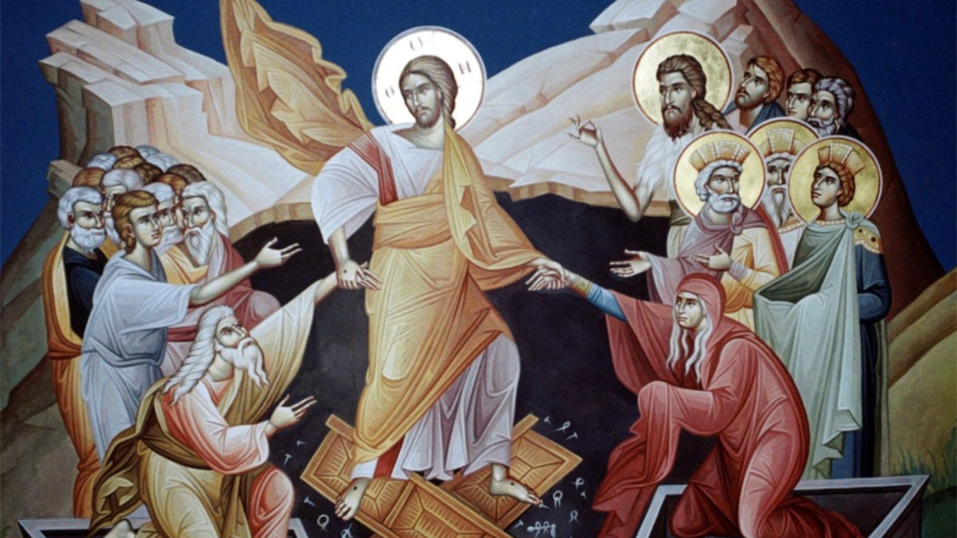 Representação iconográfica de Cristo que, descendo aos infernos, resgata, a partir de Adão e Eva, todos os justos que esperavam a redenção