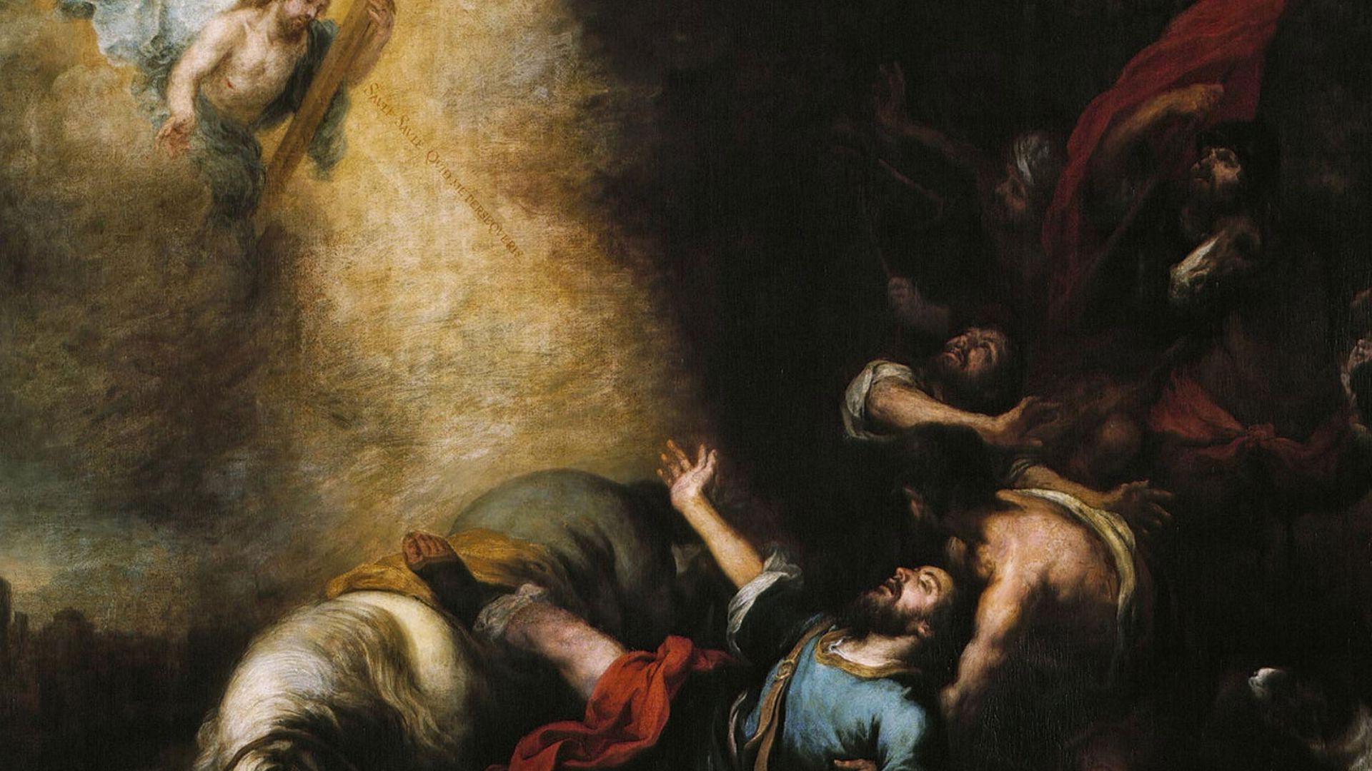 A imagem retrata a Conversão de São Paulo no caminho de Damasco. Este momento crucial transformou Saulo, um perseguidor de cristãos, em um apóstolo dedicado.