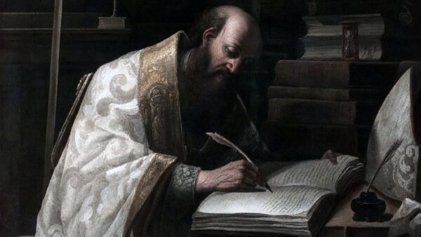 Santo Agostinho escrevendo em um livro, vestido com paramentos litúrgicos, em uma pintura clássica barroca.