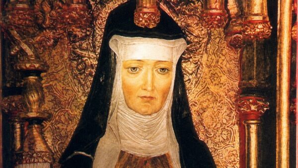 Pintura de Santa Hildegarda de Bingen, representada como monja beneditina, com hábito preto, véu branco e um livro, diante de um fundo dourado ornamentado.
