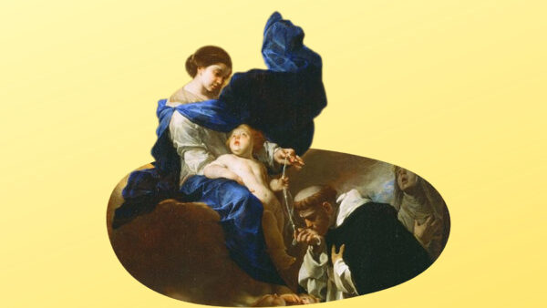 Santo Terço - Aparição de Nossa Senhora do Rosário para São Domingos representada na pintura: "A visão de São Domingos" por Bernardo Cavallino, 1640.