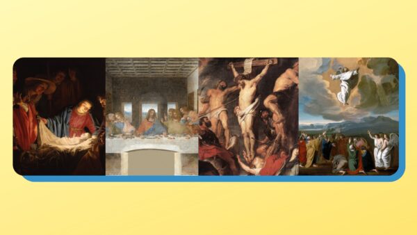 Mistérios do Santo Terço. 1- Adoração dos Pastores Madona e o Menino. 2- A Última Ceia. 3- Crucificação de Jesus. 4- A Ascensão de Jesus.