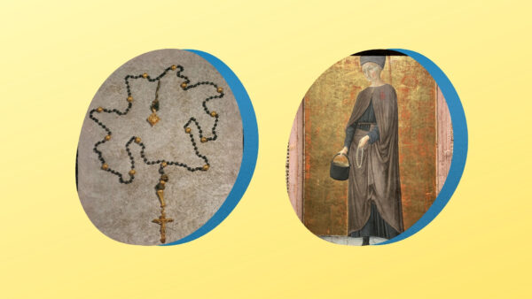 Terço de São Francisco de Paula (1507) à esquerda e, à direita, uma pintura feita por Lorenzo di Pietro, ilustrando o Beato Andrea Gallerani segurando o Santo Terço.