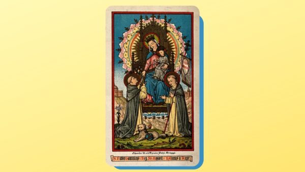 Santo Terço - Santa Maria (a Virgem Santíssima) com o Menino Jesus, São Domingos de Gusmão e o Beato Alano de Rupe. Litografia colorida.