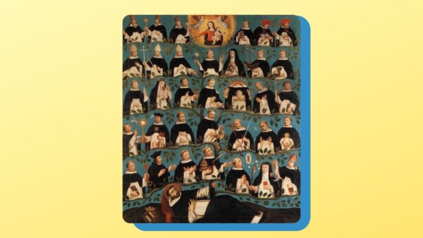 Santo Terço - A árvore genealógica de São Domingos. Árvore genealógica dos Dominicanos. Fila superior: Bento XI, Inocêncio V (Pedro de Tarentaise), a Virgem Maria, João de Vercelli, Ildefonso, Latino Malabranca;2ª fila: Alberto Magno, Cristóvão de Antioquia, João de Wildeshausen, Tiago de Veneza, Tiago Salomão, Inês de Montepulciano, Pedro González (São Telmo), Jerônimo Cala; 3ª fila: Rosa de Lima, Luís Bertrand, Tiago de Ulm, a Cabeça dos Mártires (Cefalóforos) de Toulouse, Vicente de Santo Estêvão, Francisco de Toulouse; 4ª fila: Vicente Ferrer, Tomás de Aquino, Tiago de Bevagna, Jordão da Saxônia, Conrado de Marburgo, Ambrósio de Sena, Henrique Suso; Parte inferior: Raimundo de Peñafort, Antônio (irmão mais velho de Domingos, sacerdote da Ordem Cartuxa), Manes (segundo irmão de Domingos), Pedro Mártir, Jacinto da Polônia, Catarina de Sena, Antonino de Florença.