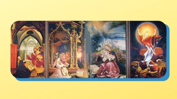 Santo Terço. 1º (esquerda): Anunciação — o anjo anuncia a Maria. 2º: Anjos em concerto e glória celestial com a Virgem. 3º: Natividade — Maria com o Menino Jesus. 4º (direita): Ressurreição de Cristo.