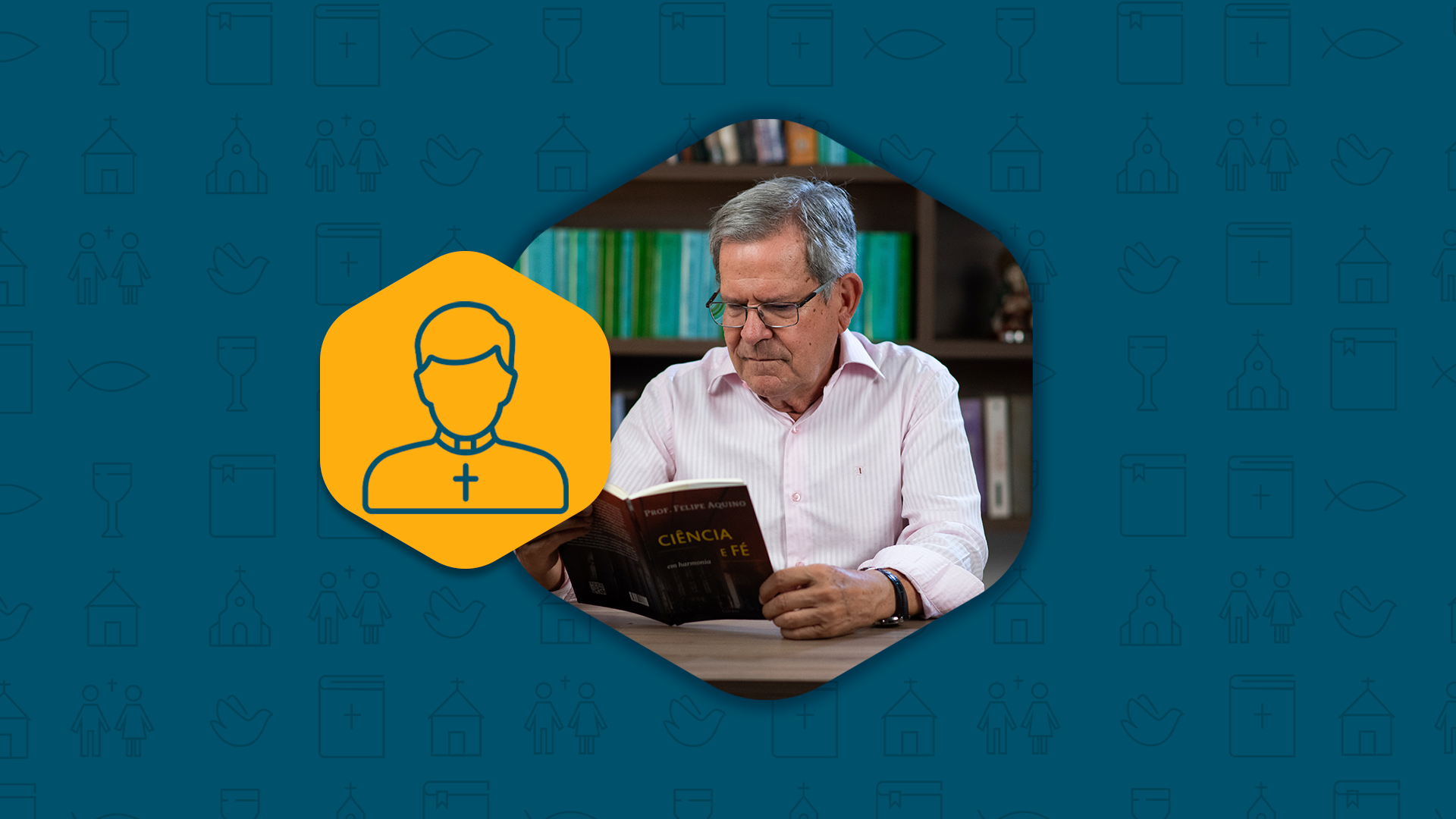 Professor Felipe Aquino em sua sala com uma estante de livros atrás. Um ícone amarelo que mostra um representante religioso, o que simboliza as diversas religiões cristãs que podem participar do ecumenismo.
