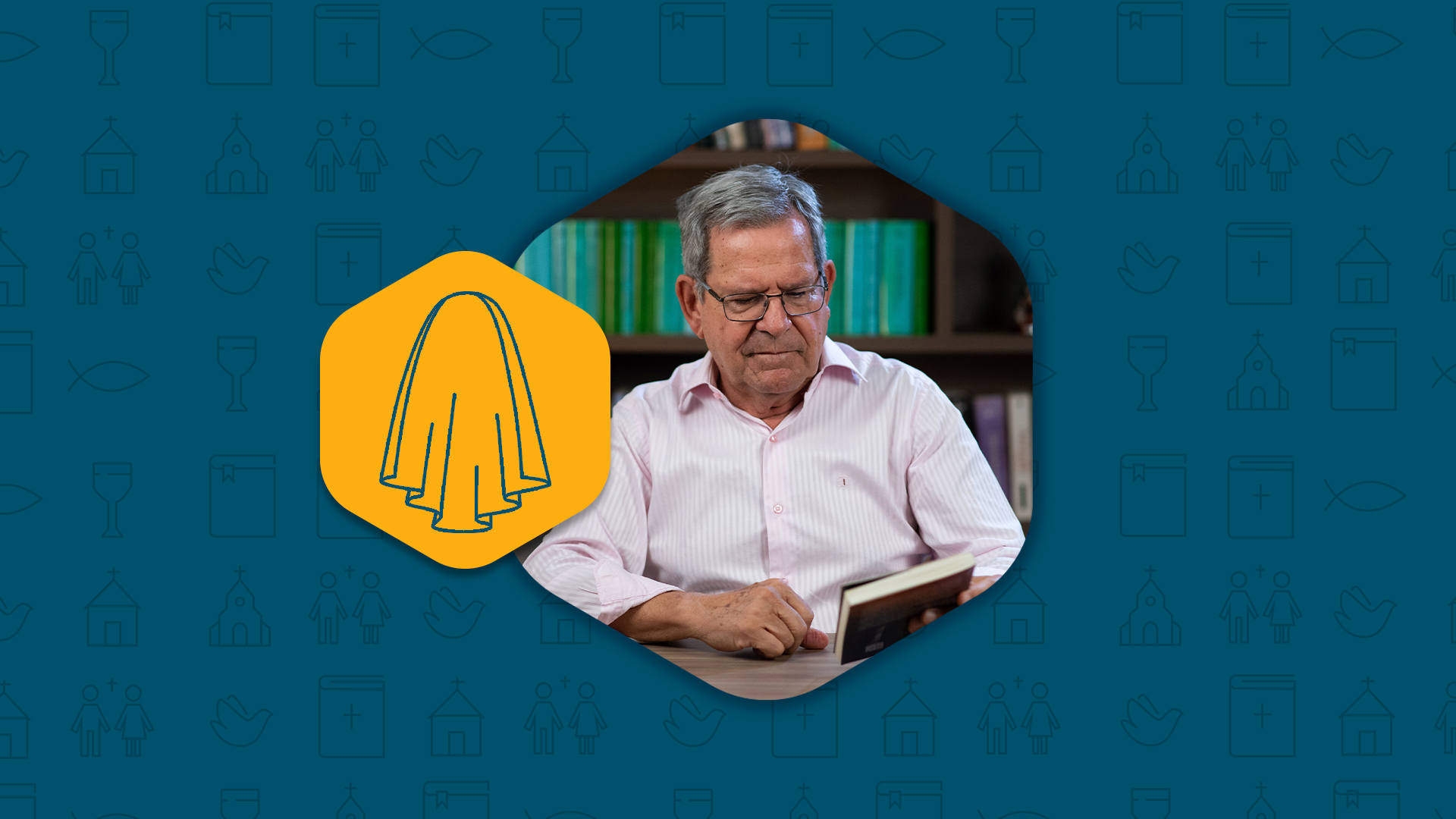 Professor Felipe Aquino lendo um livro, ao lado ícone de véu representando o véu de Verônica.