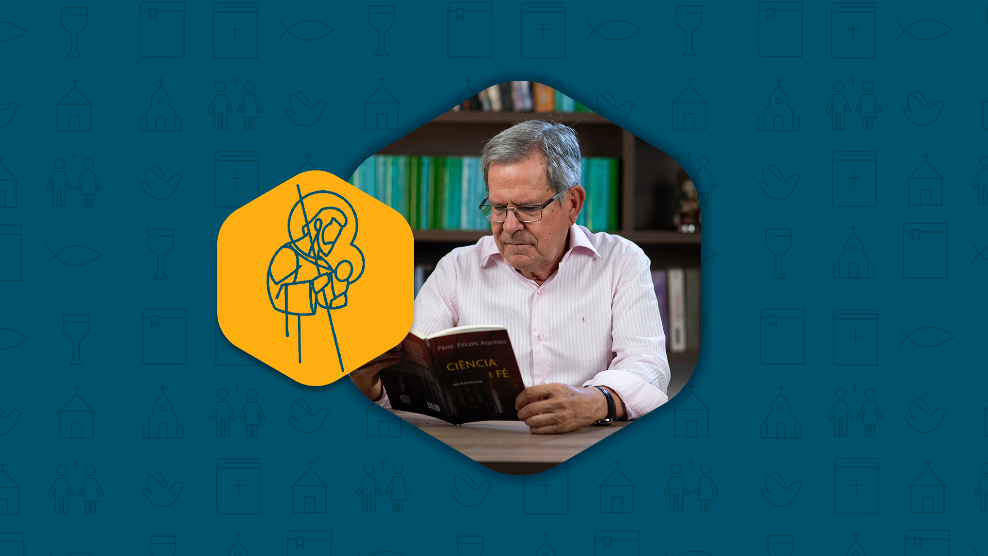 Professor Felipe Aquino olhando atentamente para o livro que segura nas mãos, inclui ícone ao seu lado de São José carregando o menino Jesus nos braços, simbolizando a sua paternidade.