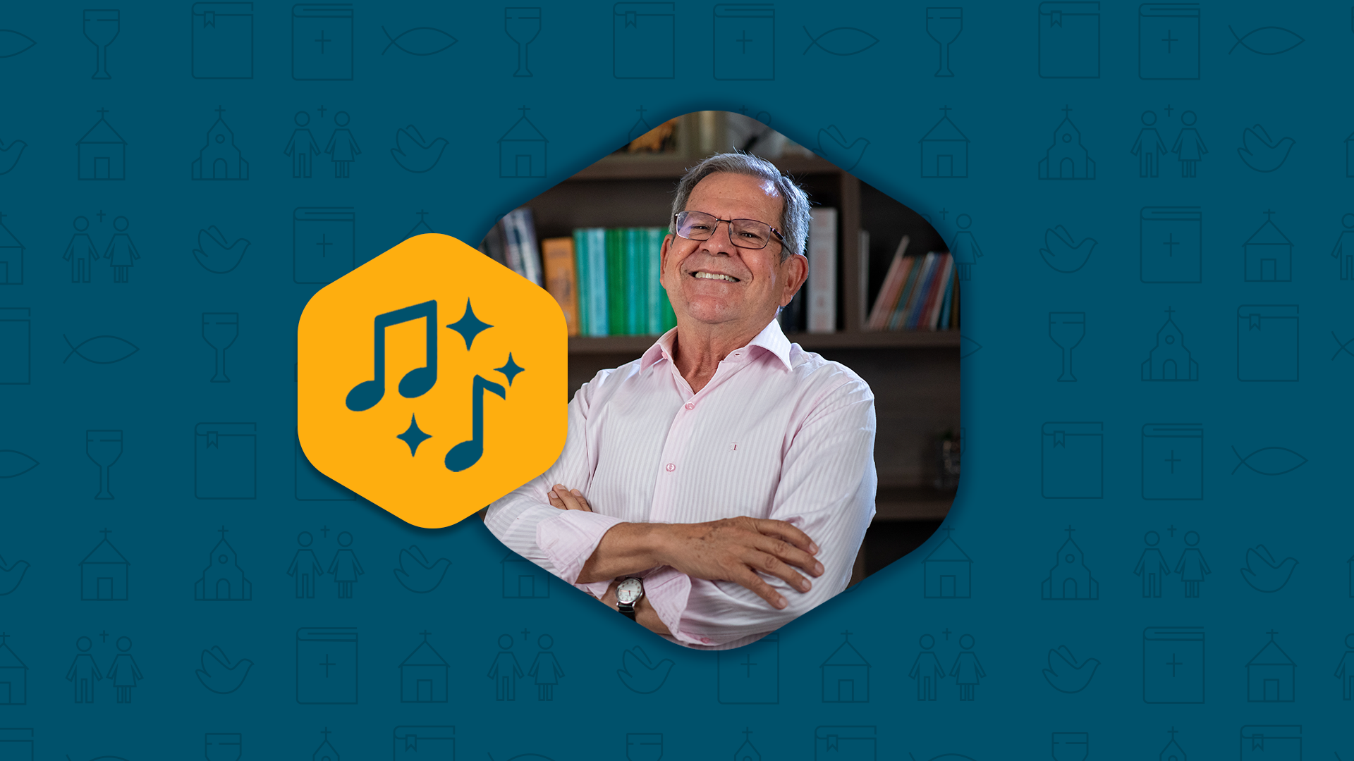 Professor Felipe Aquino de braços cruzados, ao lado ícone de notas musicais representando a música no ambiente litúrgico.