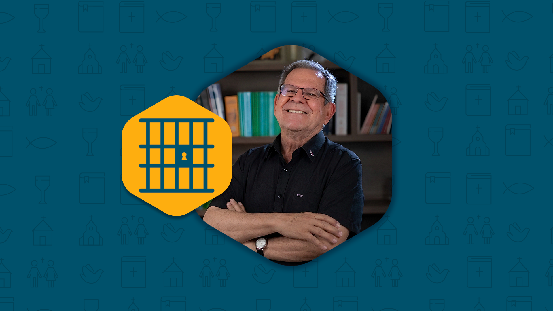 Professor Felipe Aquino de braços cruzados sorrindo, ao lado ícone de grades representando a vida contemplativa e a sua clausura.