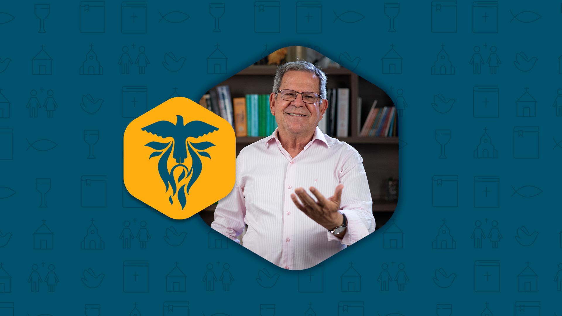 Prof. Feliep Aquino sorrindo em postura com uma das mãos postas. Ao lado ícone de uma pomba com chamas saindo dela representando as línguas de fogo presentes em Pentecoste.