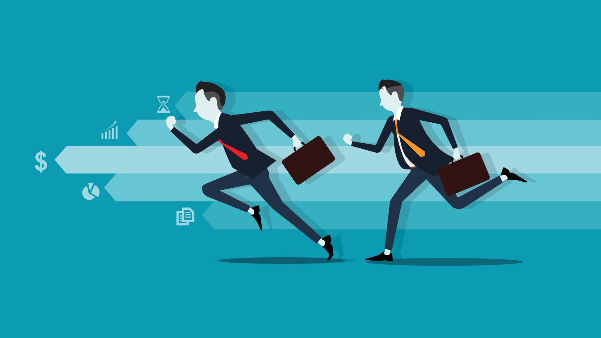 Ilustração em estilo vetorizado com fundo azul-turquesa mostrando dois homens de negócios correndo velozmente de perfil para o lado esquerdo, sugerindo uma competição ou corrida corporativa. Ambos vestem ternos escuros, camisas brancas e calçam sapatos pretos. O homem à frente usa uma gravata vermelha e o que está logo atrás usa uma gravata laranja; os dois carregam pastas de couro marrom na mão esquerda. Atrás deles, linhas e setas horizontais em tons de azul claro e branco reforçam a sensação de movimento e velocidade. Na extremidade esquerda da imagem, dentro dessas setas, há pequenos ícones brancos que remetem ao ambiente financeiro e empresarial: uma ampulheta, um gráfico de barras ascendente, um cifrão de dinheiro, um gráfico de pizza e folhas de relatório.