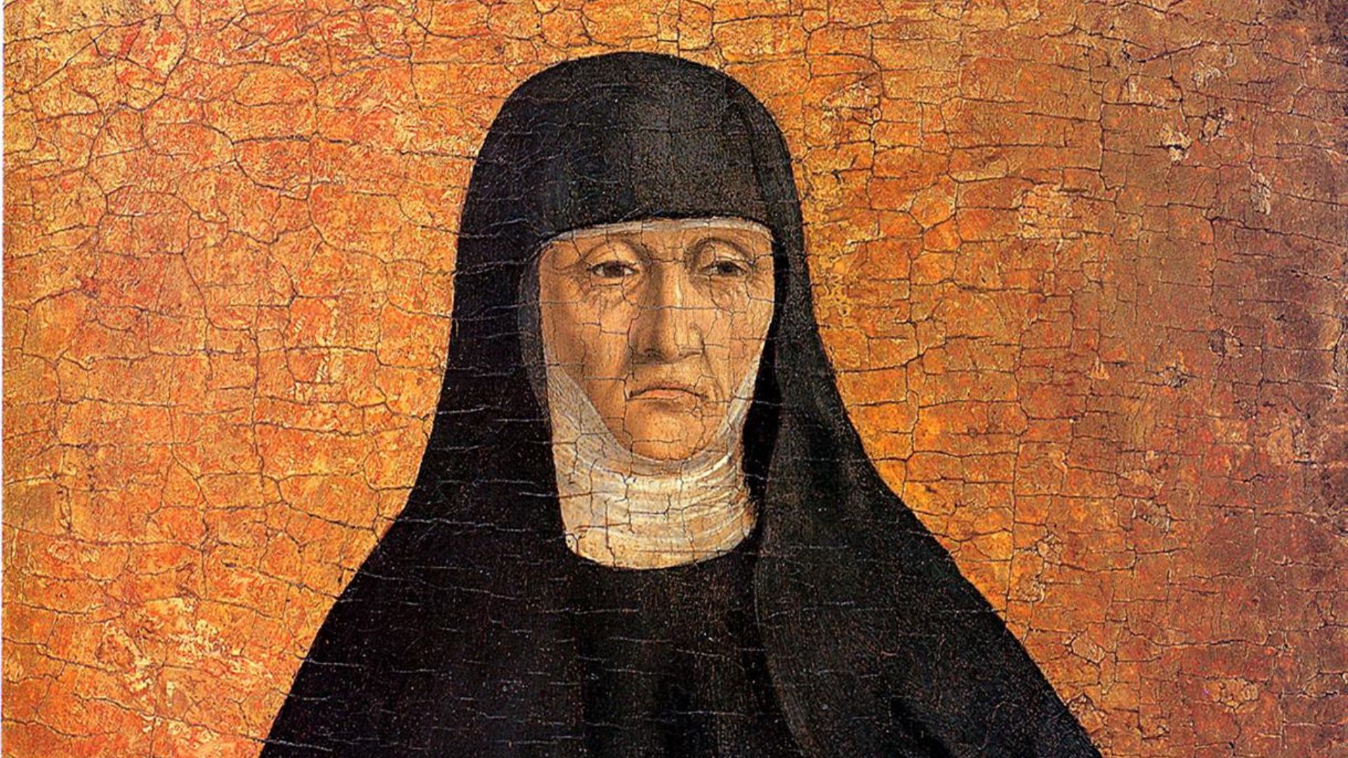 A imagem mostra o painel Santa Mônica (Uma Freira Agostiniana), obra pintada em têmpera e óleo sobre madeira de choupo (c. 1454–1469) pelo artista renascentista italiano Piero della Francesca.