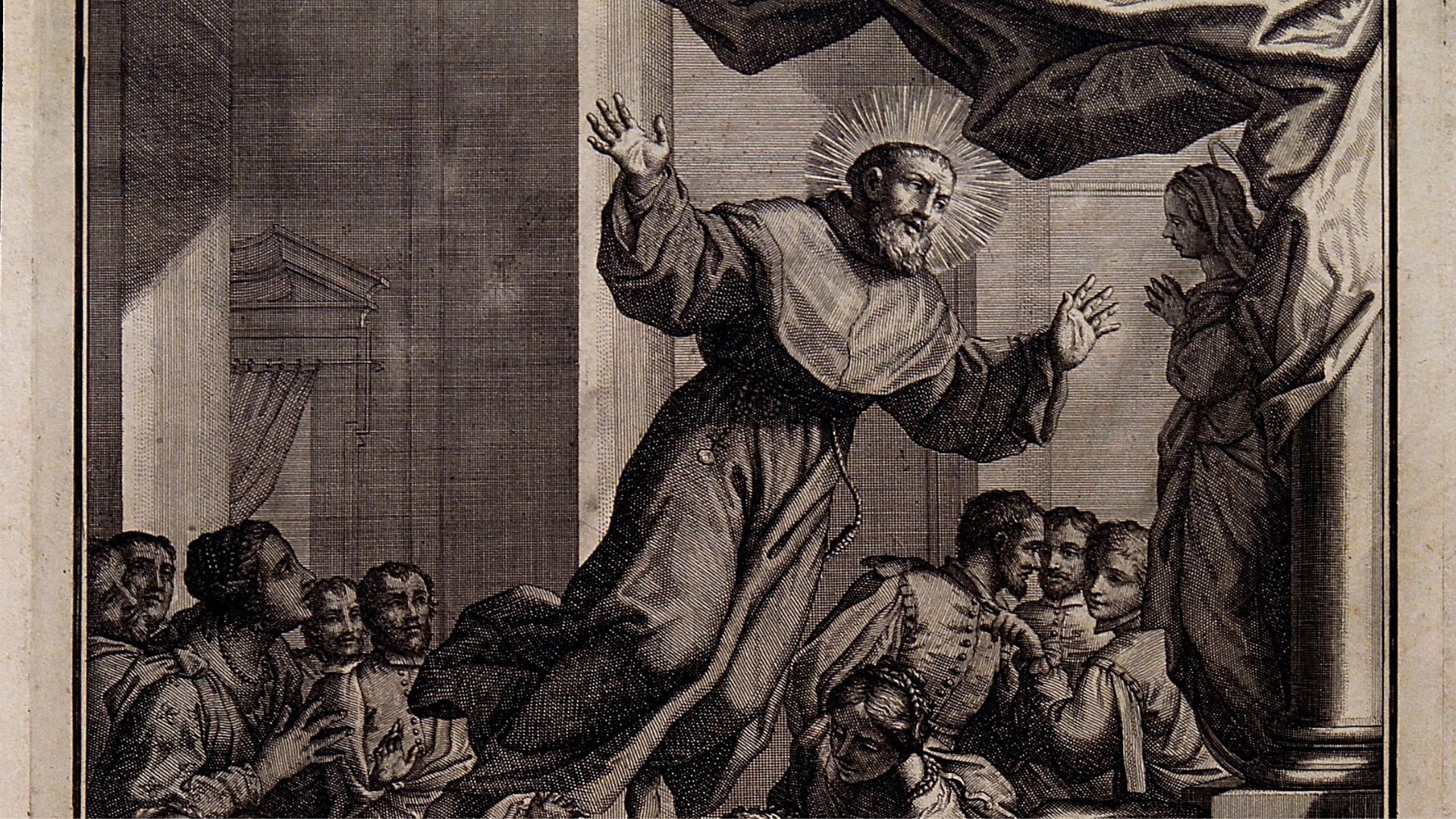 Gravura de São José de Cupertino em êxtase, levitando diante de fiéis durante um momento de oração.