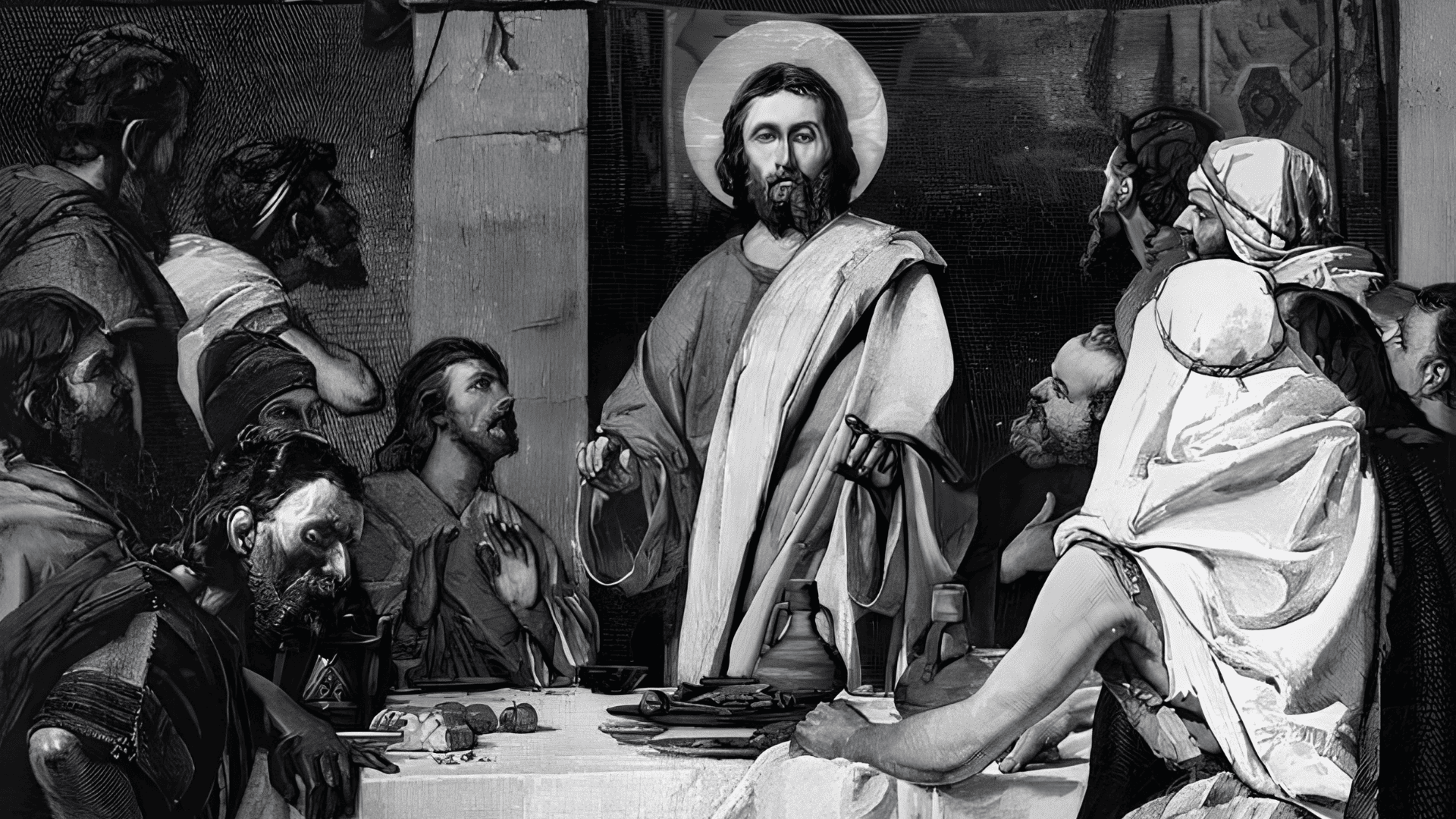 Ilustração a preto e branco que retrata Jesus Cristo ao centro, com uma auréola luminosa, de pé e a gesticular com as mãos enquanto ensina. Ele está rodeado por um grupo de pessoas atentas, com vestes da época, que o ouvem atentamente ao redor de uma mesa com jarros e alguns alimentos. A obra tem uma iluminação dramática que destaca a figura de Jesus em contraste com as sombras do ambiente.