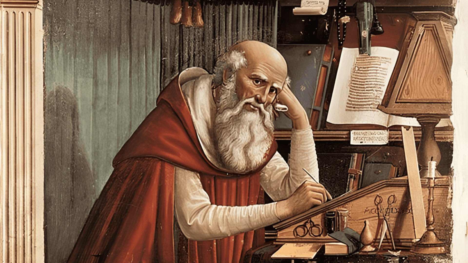 Pintura renascentista de São Jerônimo em seu escritório, sentado a uma mesa de escrita. O santo, um homem idoso com uma barba branca longa e calva, veste um manto cardeal vermelho sobre túnica branca e está em pose contemplativa com a mão esquerda na têmpora. Ele escreve em um púlpito inclinado coberto com papéis. A mesa está repleta de papéis, óculos, uma lamparina e instrumentos de medição. Ao fundo, uma estante de livros com livros e pergaminhos encadernados. Um livro está aberto em um suporte de madeira à direita. O ambiente é um escritório ricamente decorado com cortinas de tecido. A obra apresenta cores quentes e detalhes texturizados, típicos de uma pintura a óleo.