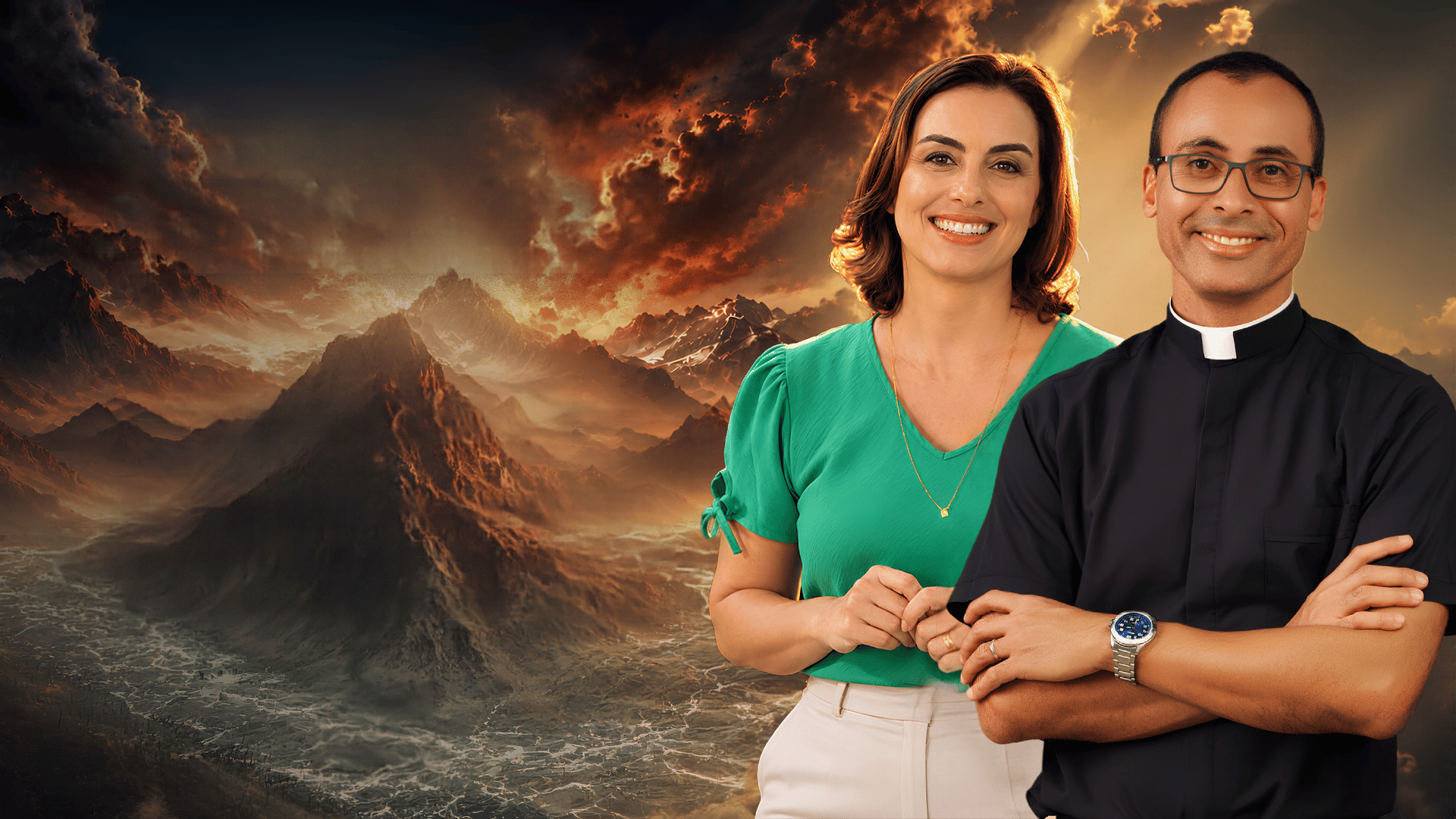 Mulher e padre sorridentes diante de uma paisagem montanhosa dramática ao pôr do sol.