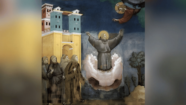 Dia de São Francisco de Assis - A imagem apresenta um fresco de estilo medieval/renascentista (atribuído à escola de Giotto) com uma cena da vida de São Francisco de Assis: Centro: São Francisco de Assis é retratado de braços abertos e nimbo dourado (auréola), levitando sobre uma nuvem luminosa em atitude de oração e êxtase espiritual. Superior Direito: Uma representação divina (Cristo) surge entre os céus, estendendo as mãos abençoadoras em direção ao santo. Inferior Esquerdo: Um grupo de frades franciscanos de hábito e capuz observa a cena com gestos de admiração, espanto e devoção, junto às portas de uma cidade medieval. Segundo Plano: Edifícios de arquitetura medieval à esquerda e uma paisagem simples com árvore e terreno montanhoso à direita.