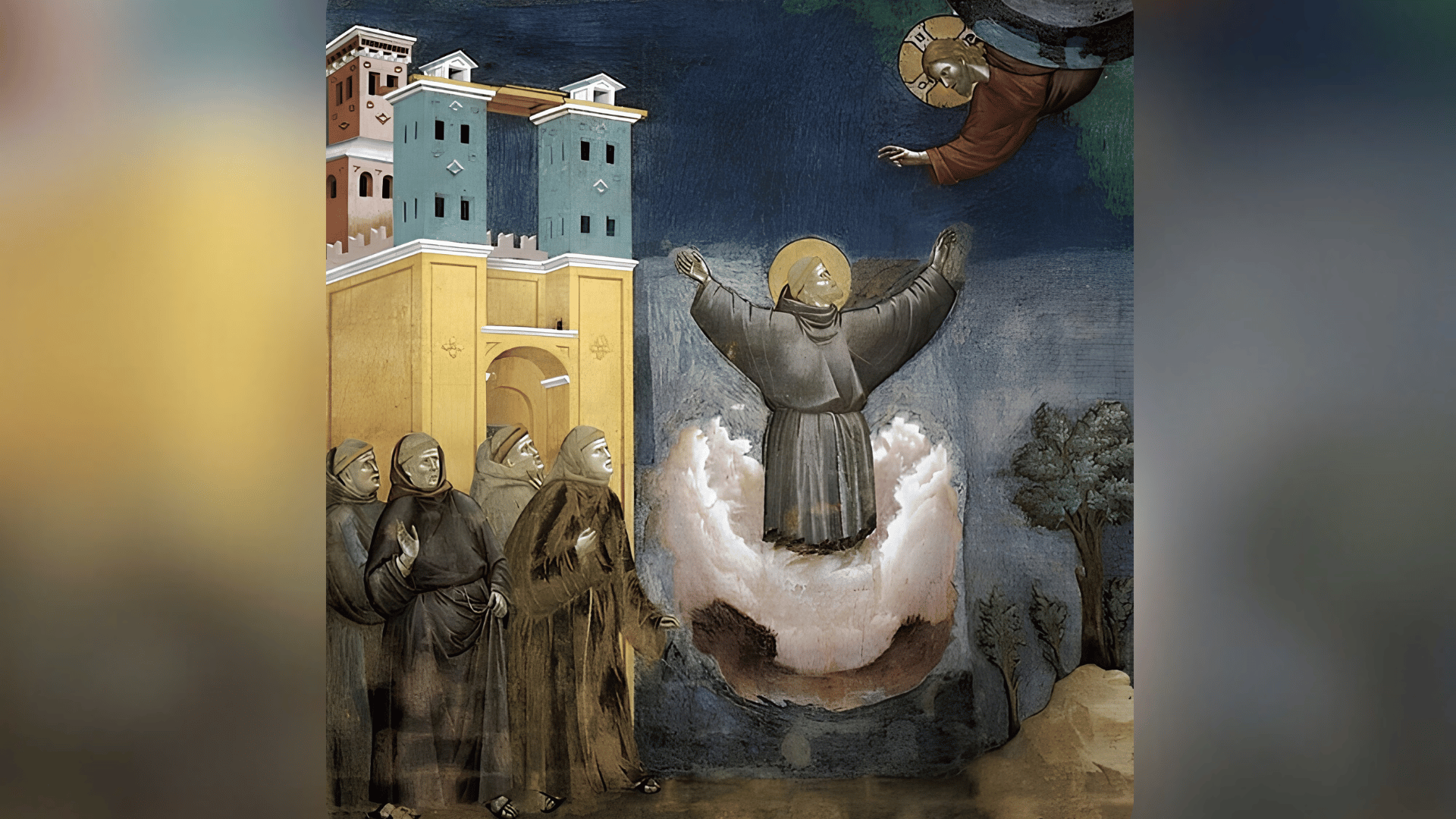 Dia de São Francisco de Assis A imagem apresenta um fresco de estilo medieval/renascentista (atribuído à escola de Giotto) com uma cena da vida de São Francisco de Assis: Centro: São Francisco de Assis é retratado de braços abertos e nimbo dourado (auréola), levitando sobre uma nuvem luminosa em atitude de oração e êxtase espiritual. Superior Direito: Uma representação divina (Cristo) surge entre os céus, estendendo as mãos abençoadoras em direção ao santo. Inferior Esquerdo: Um grupo de frades franciscanos de hábito e capuz observa a cena com gestos de admiração, espanto e devoção, junto às portas de uma cidade medieval. Segundo Plano: Edifícios de arquitetura medieval à esquerda e uma paisagem simples com árvore e terreno montanhoso à direita.