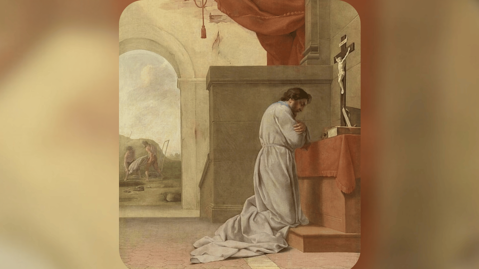 Pintura de São Bruno ajoelhado em oração diante de um altar, em um ambiente religioso simples e silencioso. Ao fundo, é possível observar uma paisagem e elementos arquitetônicos de um mosteiro. A cena transmite recolhimento, contemplação, silêncio e profunda intimidade com Deus.