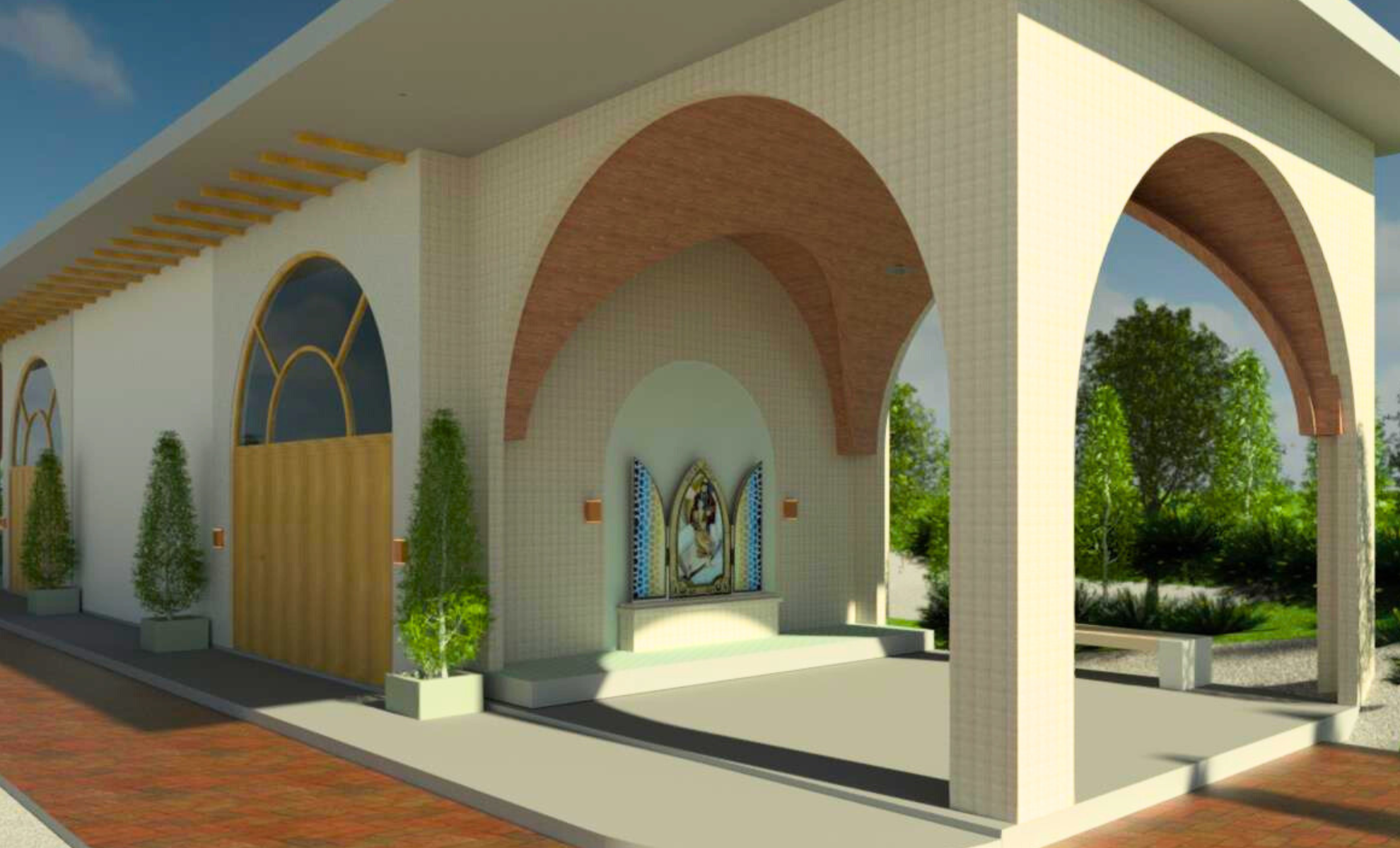 Nova Sala das Graças - A foto mostra uma construção com estilo arquitetônico elegante e religioso. O espaço possui grandes arcos revestidos com textura clara e detalhes internos em tom amadeirado. No centro, há um pequeno altar externo em formato de nicho, onde se encontra uma imagem sacra emoldurada por detalhes decorativos. O local transmite serenidade e acolhimento, cercado por vegetação verde e um caminho pavimentado em tons terrosos. Plantas ornamentais em vasos alinhados ao longo da fachada completam o ambiente, dando um toque de harmonia e beleza.