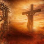 Festa da Sagrada Face: Imagem da Sagrada face de Jesus e ao fundo Cruz de Jesus em meio a nuvens douradas.