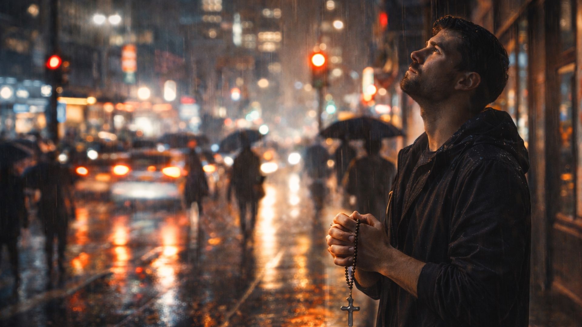 Por que alguns demônios só podem ser expulsos com jejum? Se Jesus já venceu na cruz, por que ainda é necessário? - Jovem no meio da rua reza com o terço entre as mãos e olha para o céu. Ao fundo carros, prédios e pessoas andam em meio da chuva.